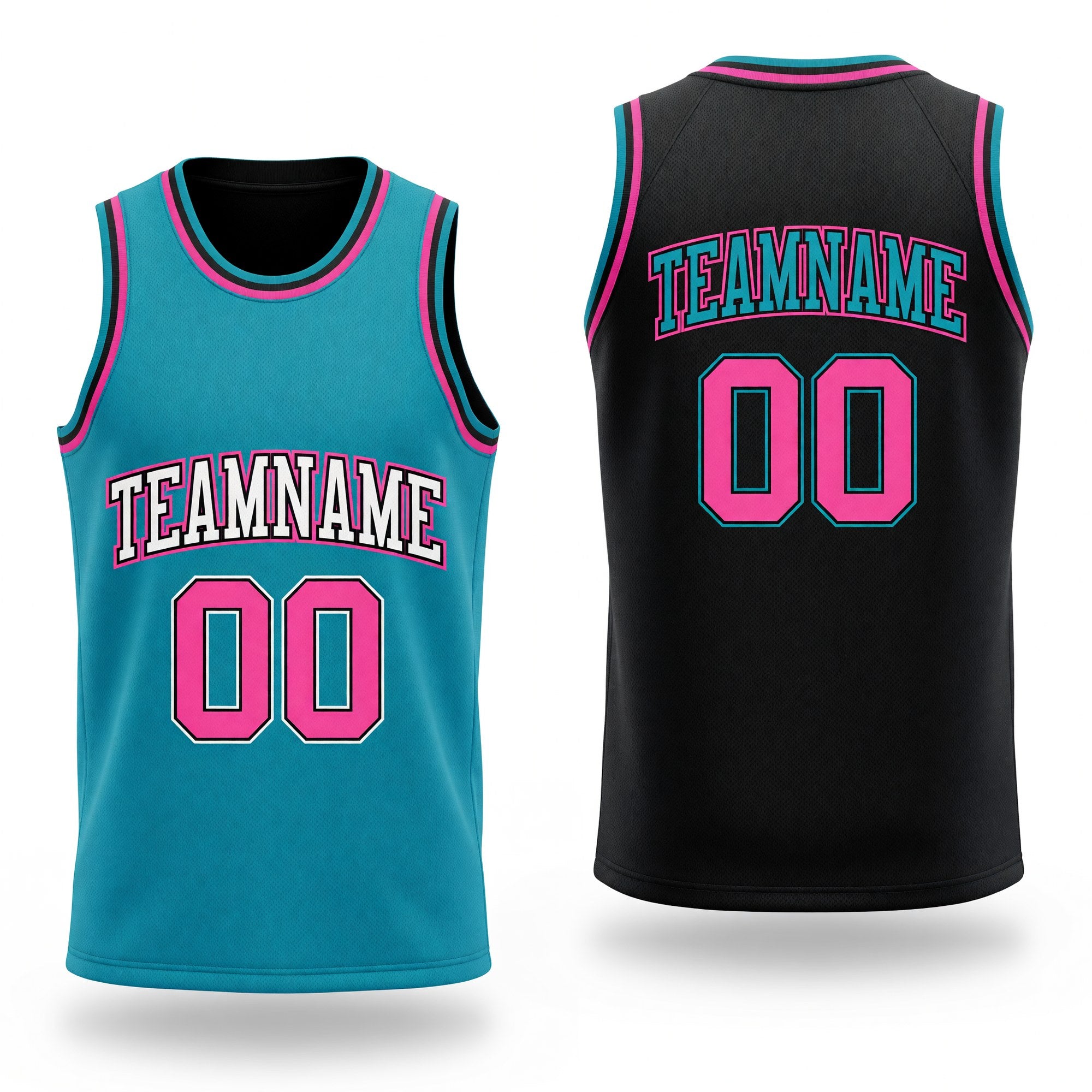 Custom Reversible Black Pink-Teal Double Side Sublimation Basketball Set Jersey