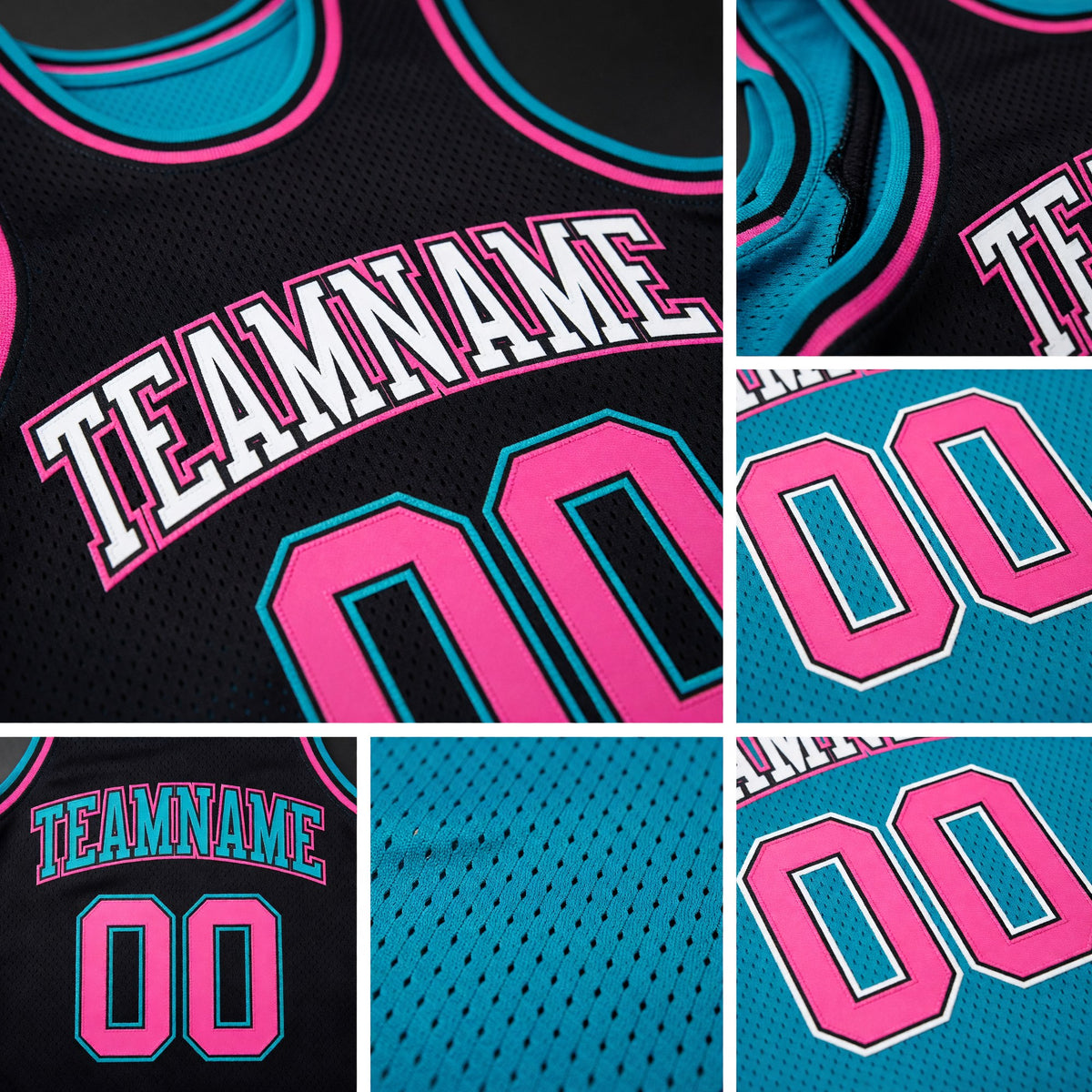 Custom Reversible Black Pink-Teal Double Side Sublimation Basketball Set Jersey detail
