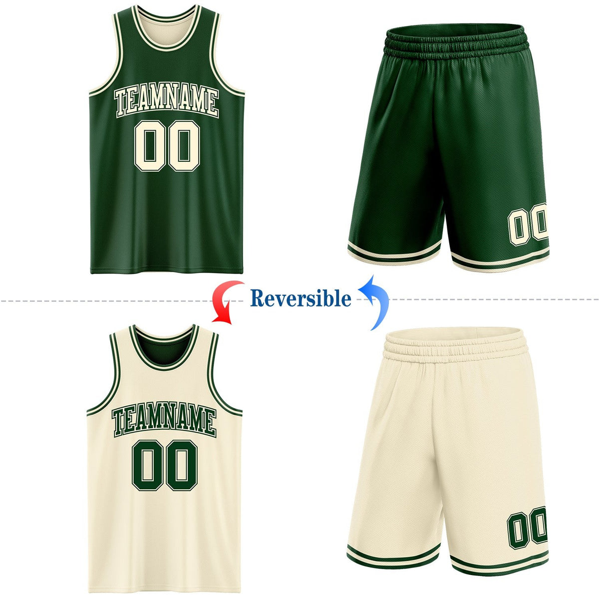 Custom Reversible Green Cream Double Side Sublimation Basketball Set Jersey photo 2