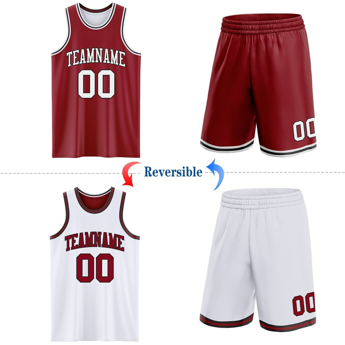 Custom Reversible Maroon White-Black Double Side Sublimation Basketball Set Jersey photo 2