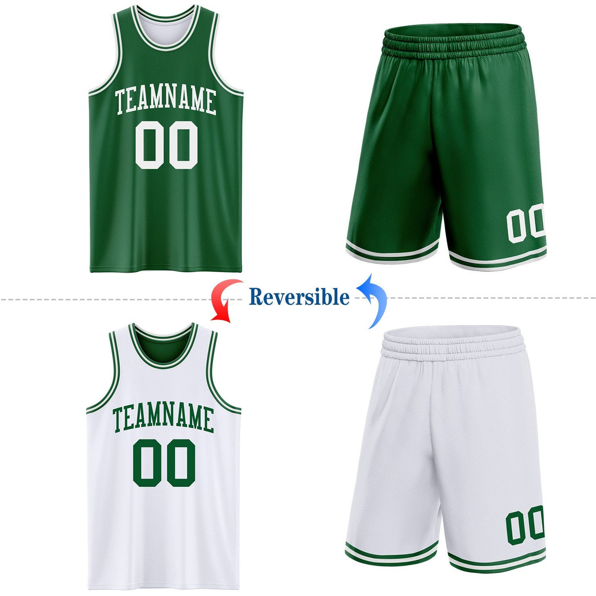 Custom Reversible Kelly Green White Double Side Sublimation Basketball Set Jersey photo 2