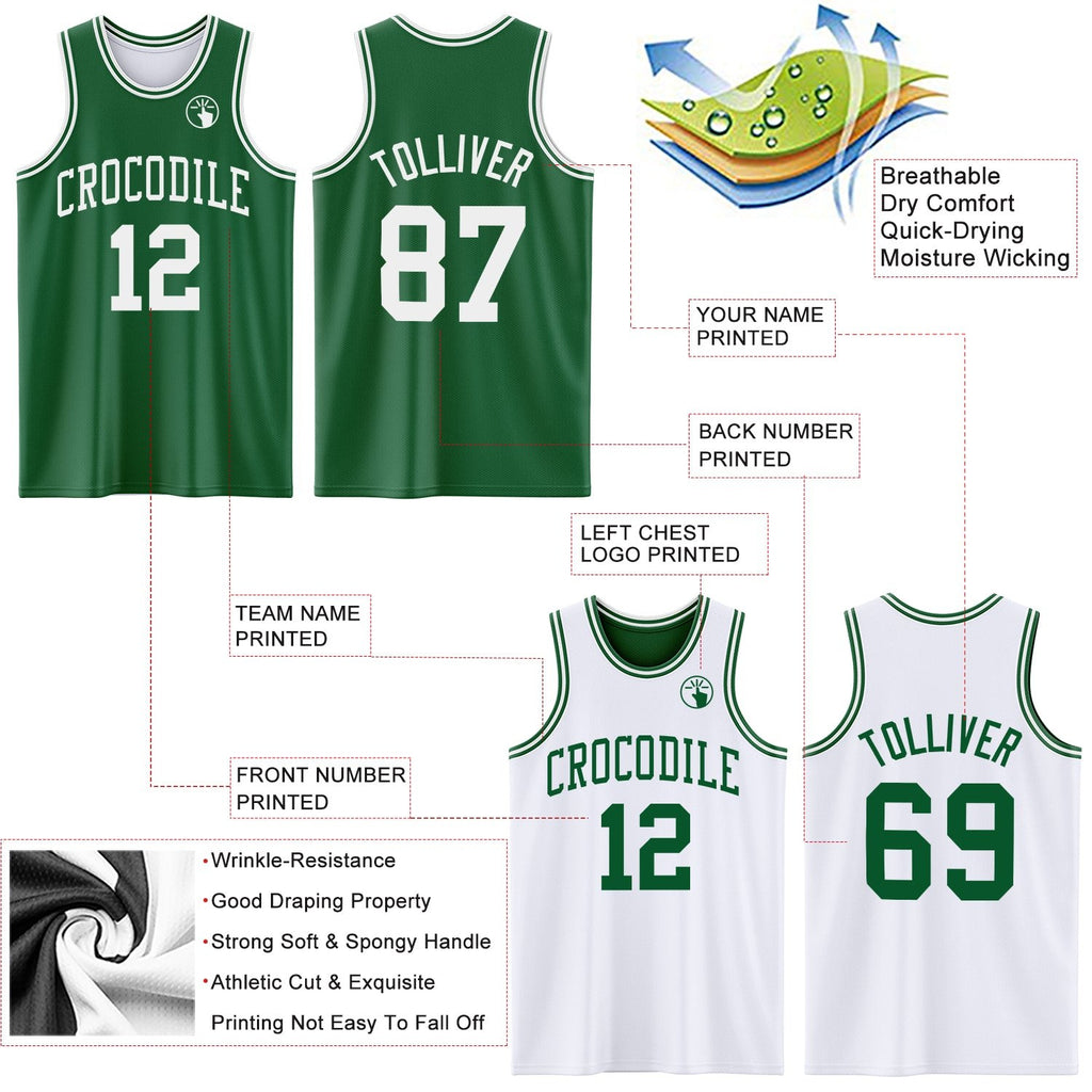 Custom Reversible Kelly Green White Double Side Sublimation Basketball Set Jersey photo 5