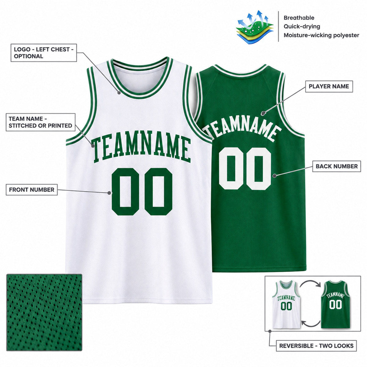 Custom Kelly Green Reversible Sublimated Basketball Jersey Set with White Lettering customization guide