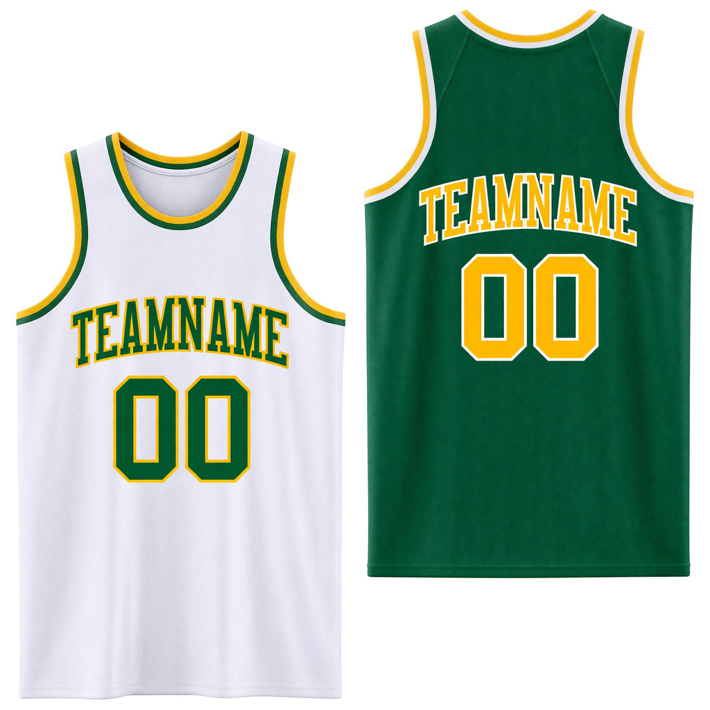 Custom Reversible Kelly Green Gold-White Double Side Sublimation Basketball Set Jersey