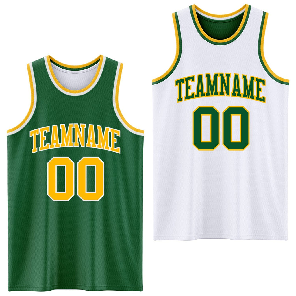 Custom Reversible Kelly Green Gold-White Double Side Sublimation Basketball Set Jersey photo 1
