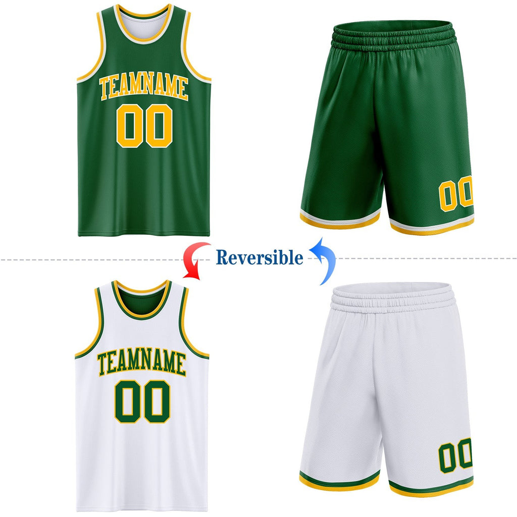 Custom Reversible Kelly Green Gold-White Double Side Sublimation Basketball Set Jersey photo 2
