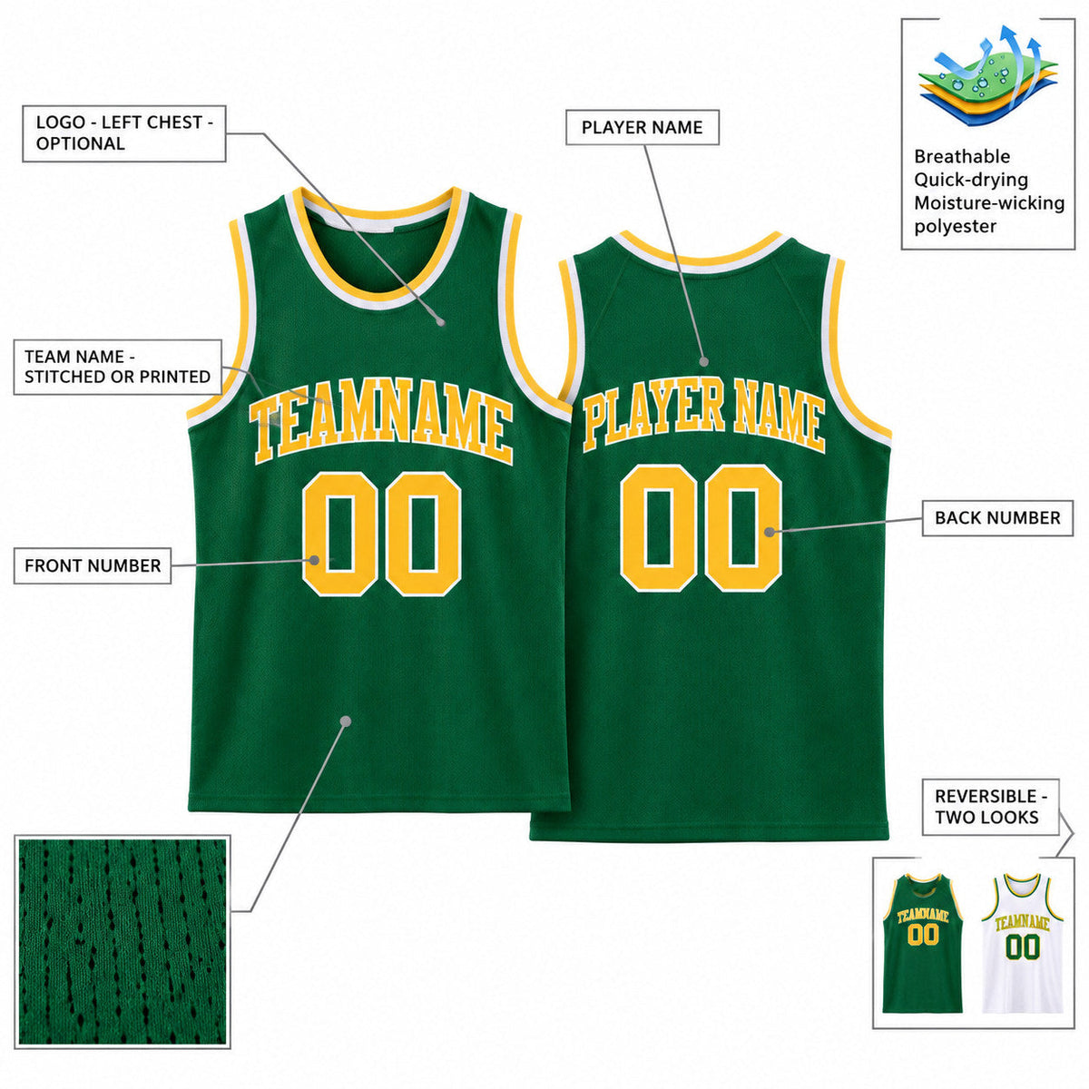 Custom Kelly Green Reversible Sublimated Basketball Jersey Set with Gold and White Lettering customization guide