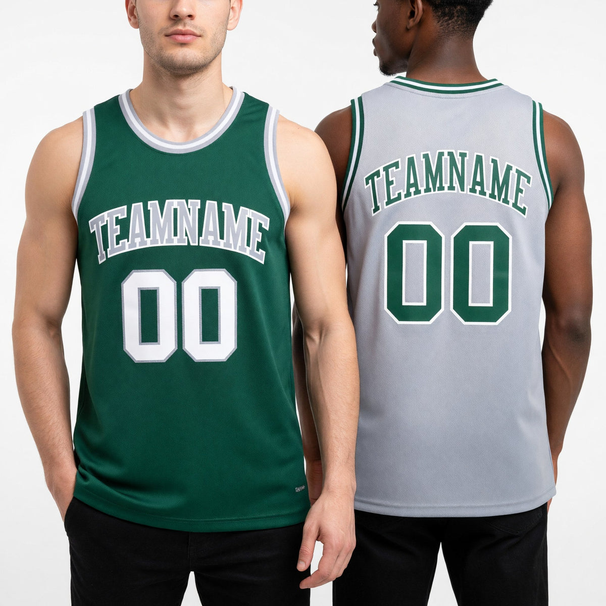 Custom Reversible Kelly Green White-Gray Double Side Sublimation Basketball Set Jersey worn front and back