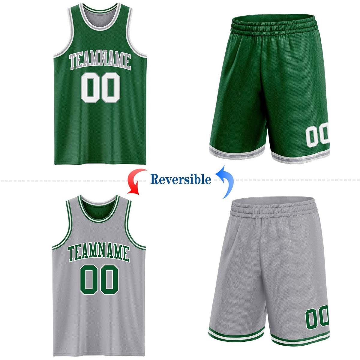 Custom Reversible Kelly Green White-Gray Double Side Sublimation Basketball Set Jersey photo 2