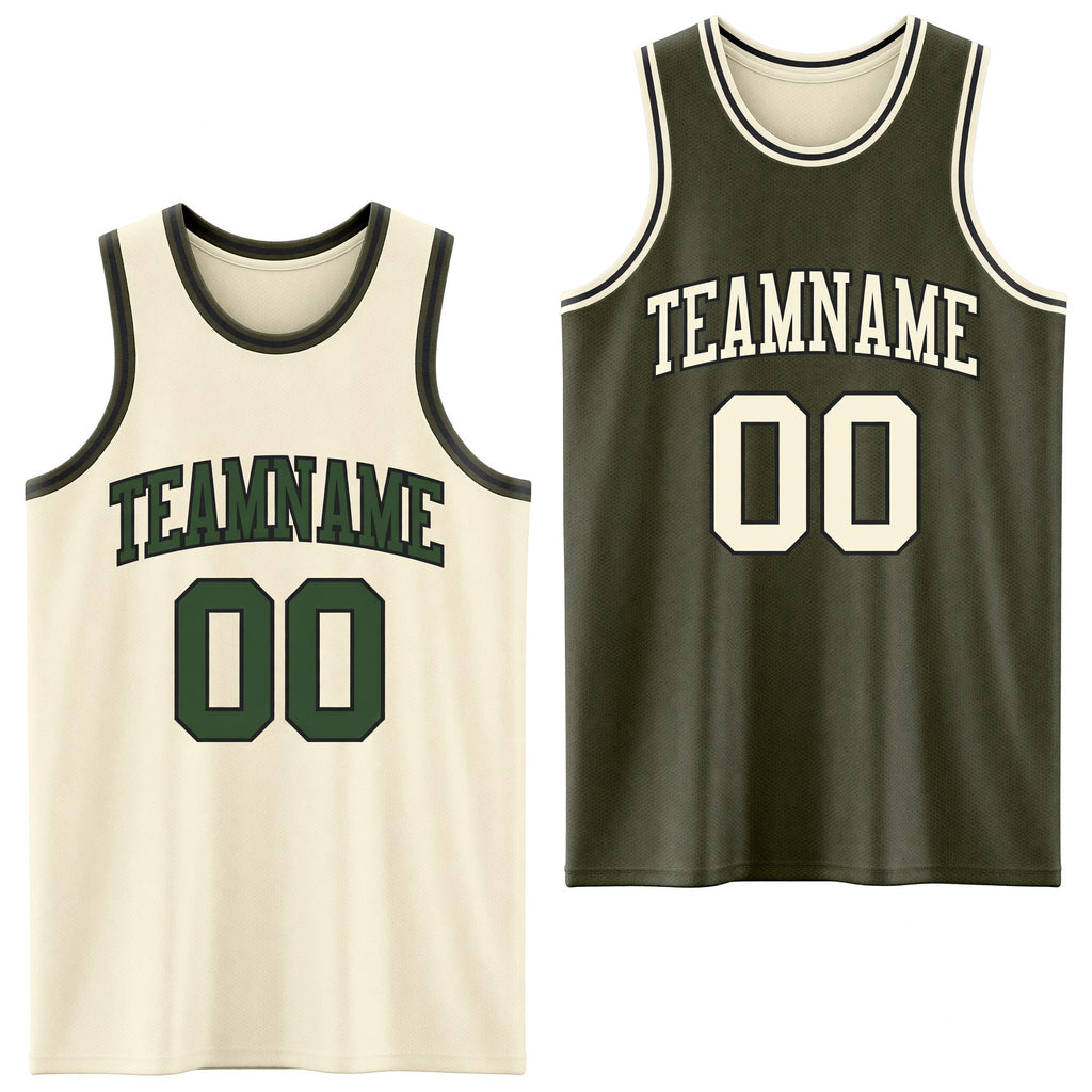 Custom Reversible Olive Black-Cream Double Side Salute To Service Sublimation Basketball Set Jersey