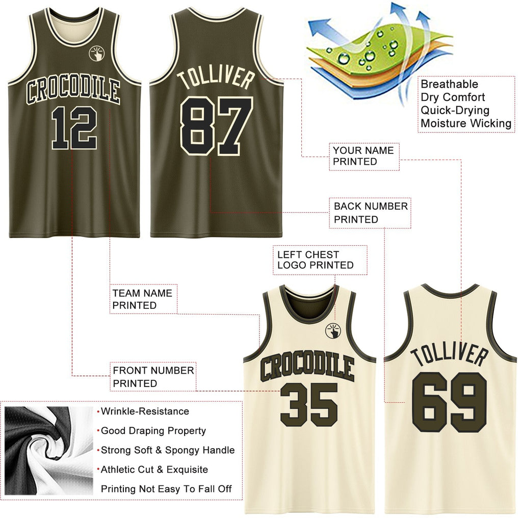 Custom Reversible Olive Black-Cream Double Side Salute To Service Sublimation Basketball Set Jersey photo 5