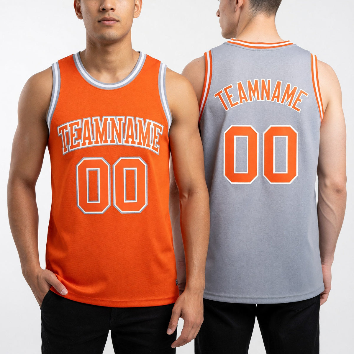 Custom Reversible Orange White-Gray Double Side Sublimation Basketball Set Jersey worn front and back
