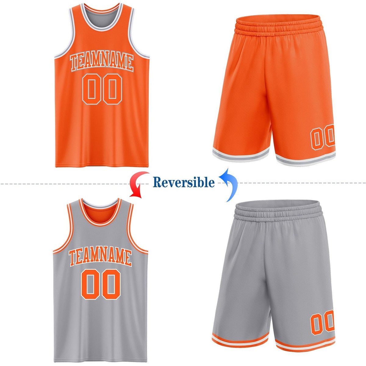 Custom Reversible Orange White-Gray Double Side Sublimation Basketball Set Jersey photo 2