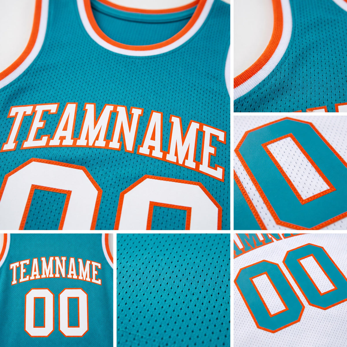 Custom Reversible Teal White-Orange Double Side Sublimation Basketball Set Jersey detail