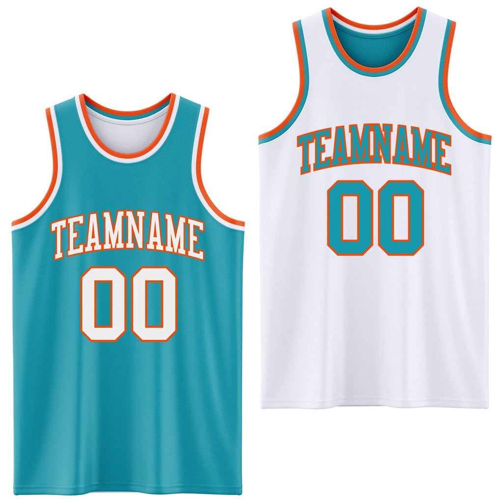 Custom Reversible Teal White-Orange Double Side Sublimation Basketball Set Jersey photo 1