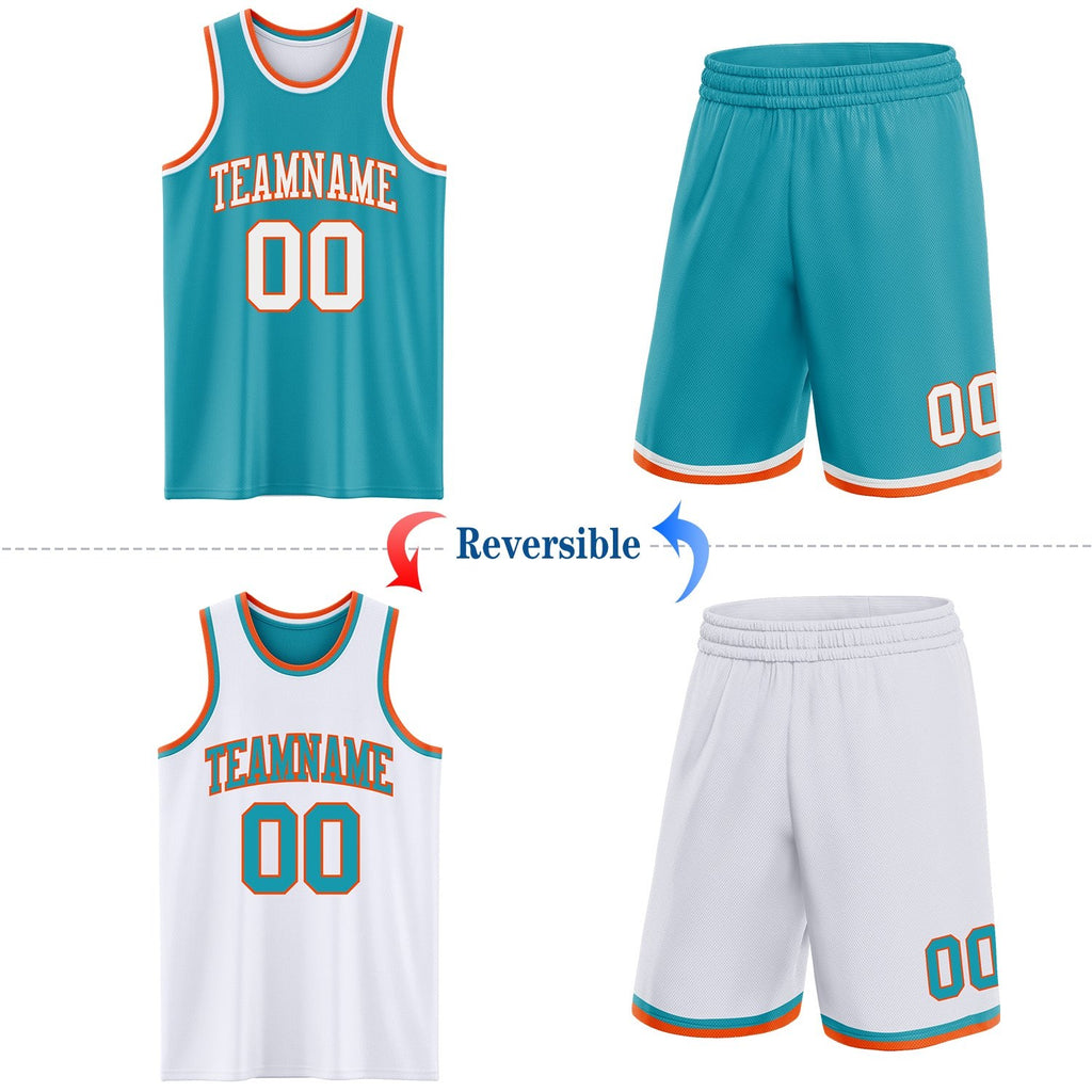 Custom Reversible Teal White-Orange Double Side Sublimation Basketball Set Jersey photo 2