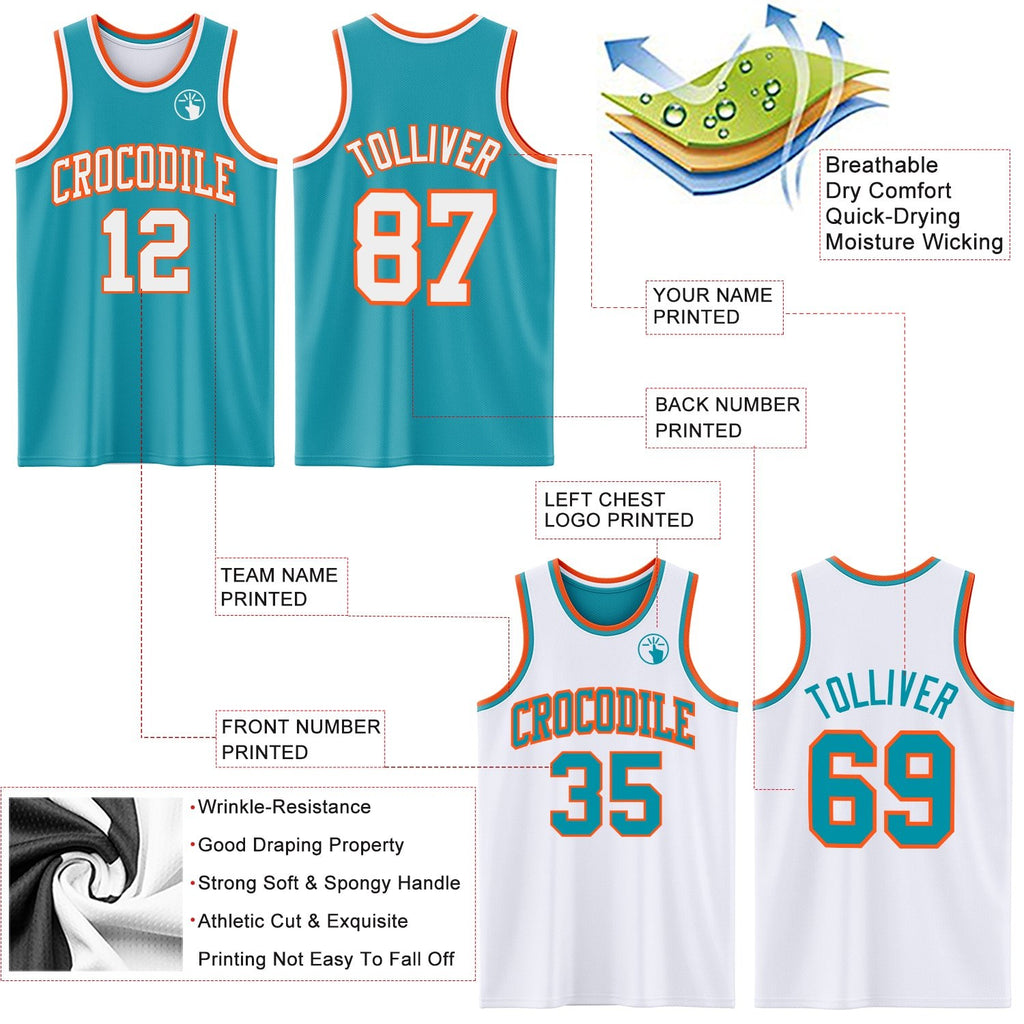 Custom Reversible Teal White-Orange Double Side Sublimation Basketball Set Jersey photo 5