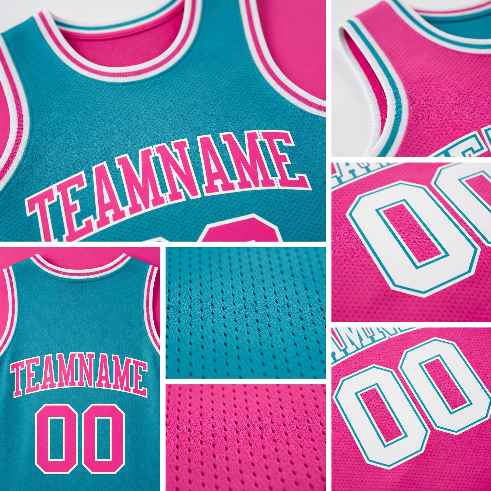 Custom Reversible Teal Pink-White Double Side Sublimation Basketball Set Jersey detail