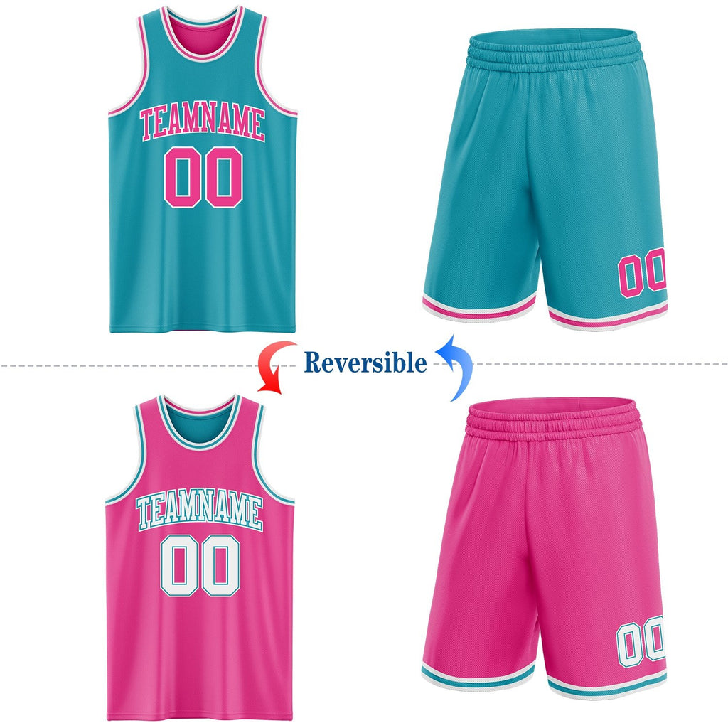 Custom Reversible Teal Pink-White Double Side Sublimation Basketball Set Jersey photo 2