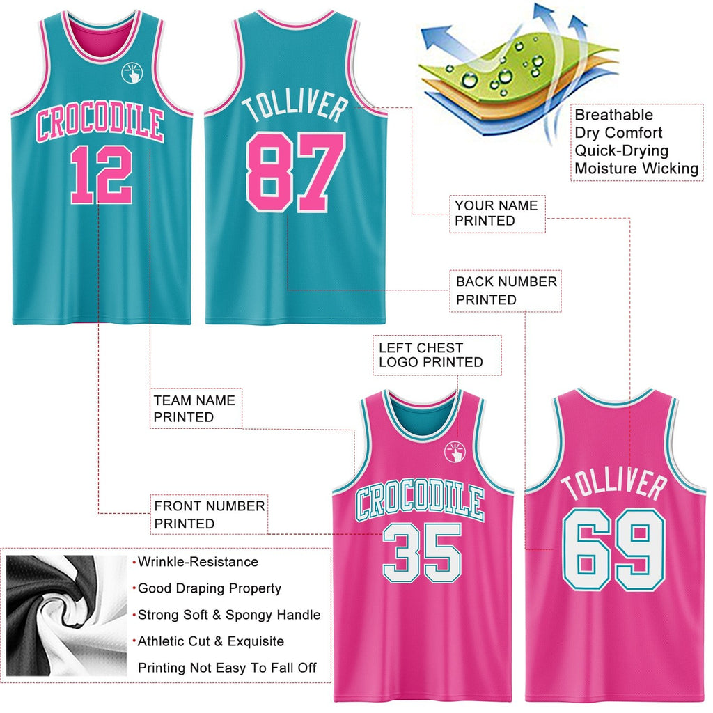 Custom Reversible Teal Pink-White Double Side Sublimation Basketball Set Jersey photo 5