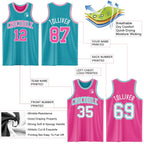 Custom Reversible Teal Pink-White Double Side Sublimation Basketball Set Jersey photo 5