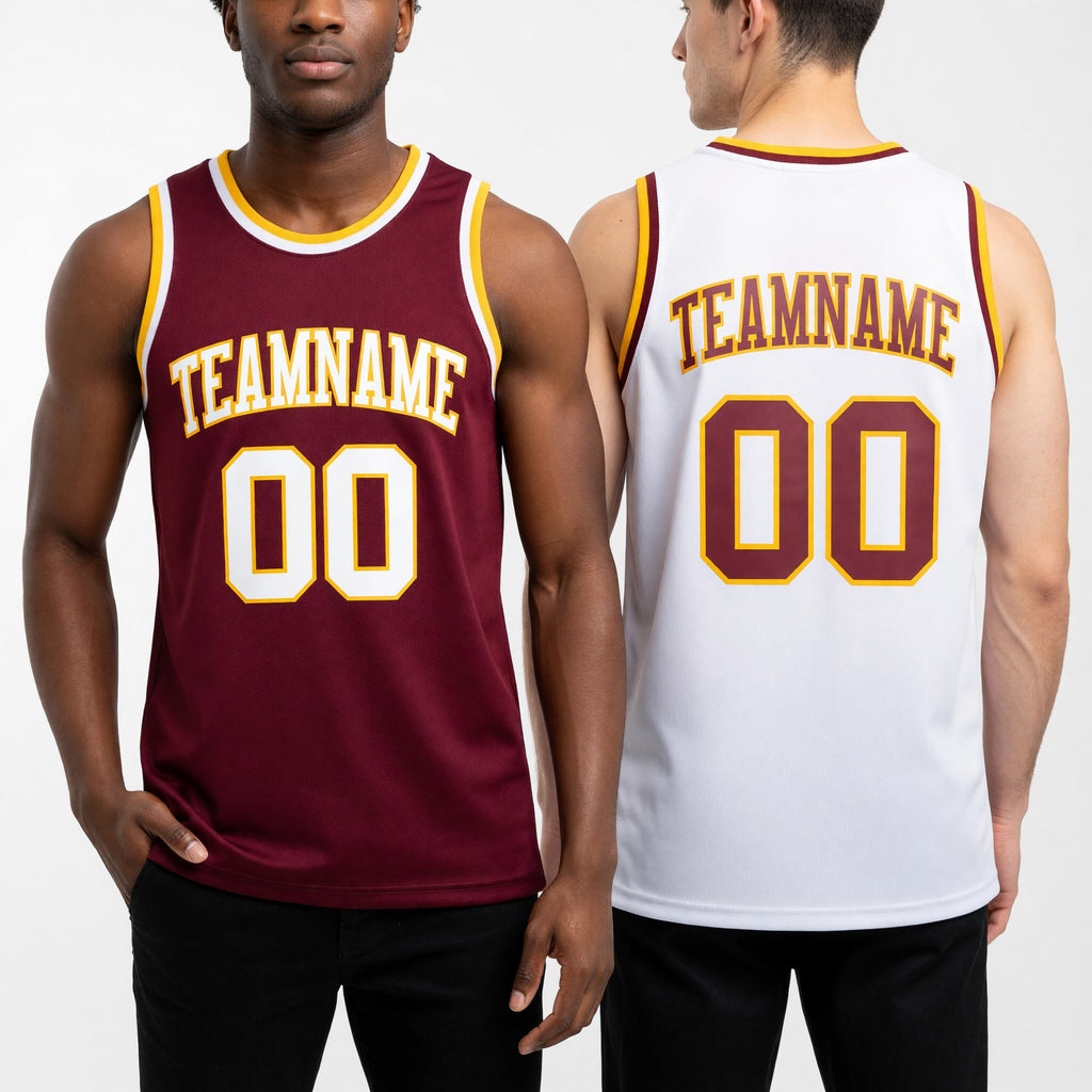 Custom Reversible Burgundy White-Gold Double Side Sublimation Basketball Set Jersey worn front and back