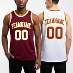 Custom Reversible Burgundy White-Gold Double Side Sublimation Basketball Set Jersey worn front and back