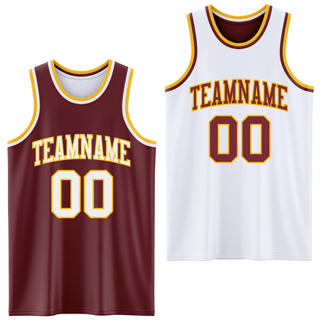 Custom Reversible Burgundy White-Gold Double Side Sublimation Basketball Set Jersey