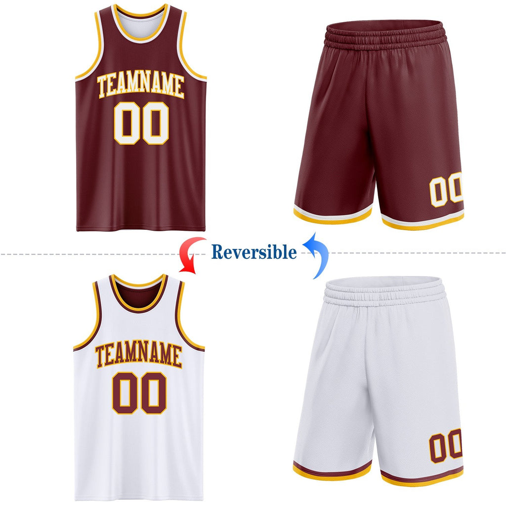 Custom Reversible Burgundy White-Gold Double Side Sublimation Basketball Set Jersey photo 2