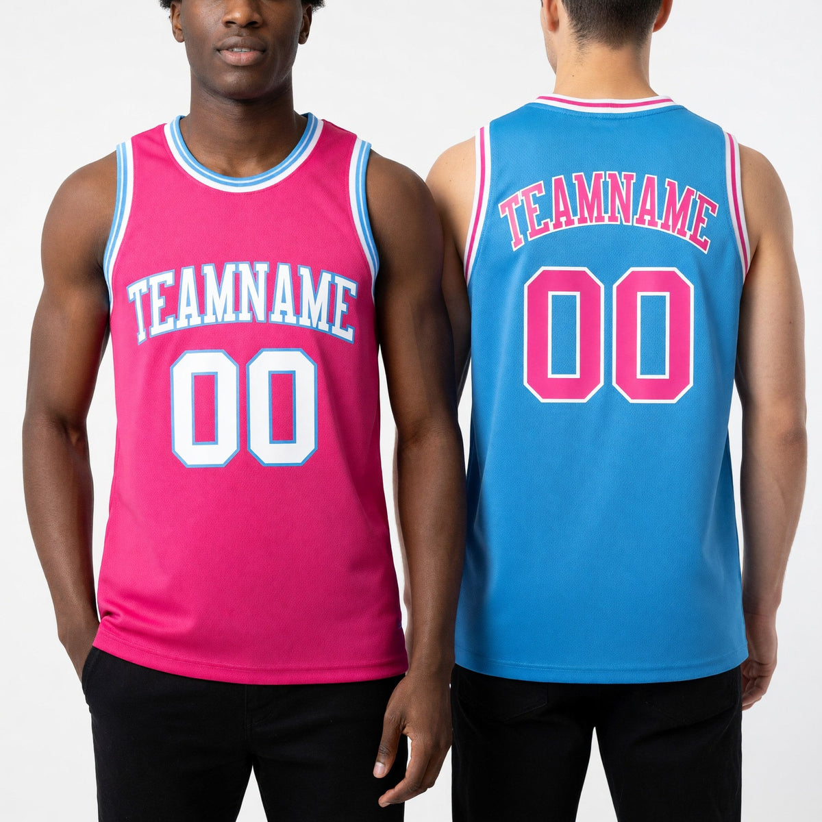 Custom Reversible Pink White-Sky Blue Double Side Sublimation Basketball Set Jersey worn front and back