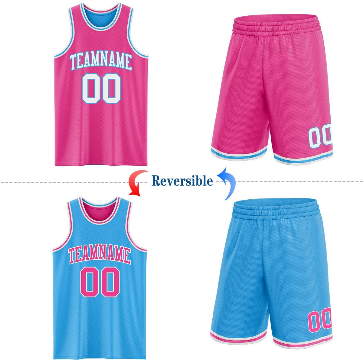 Custom Reversible Pink White-Sky Blue Double Side Sublimation Basketball Set Jersey photo 2