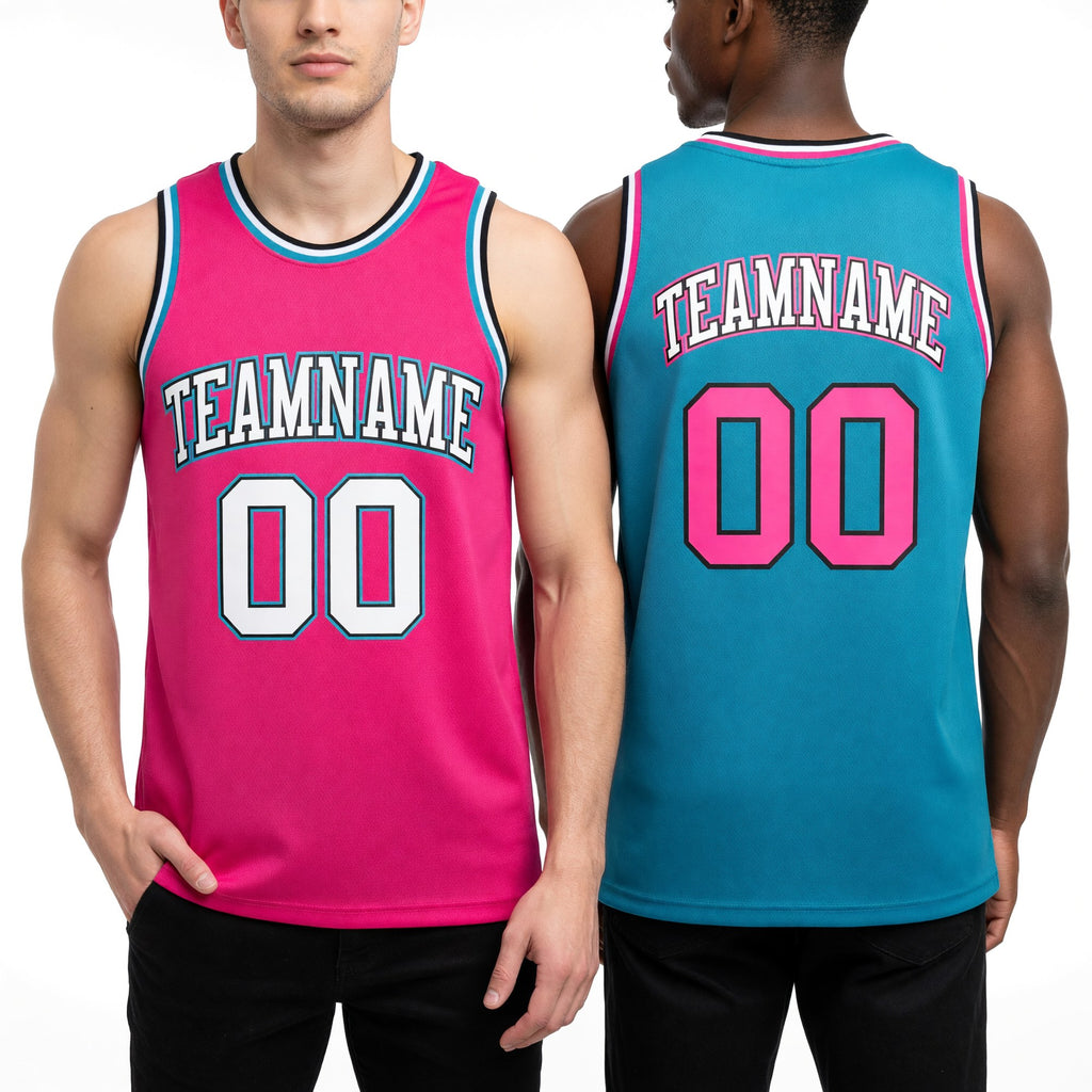 Custom Reversible Pink Black-Teal Double Side Sublimation Basketball Set Jersey worn front and back