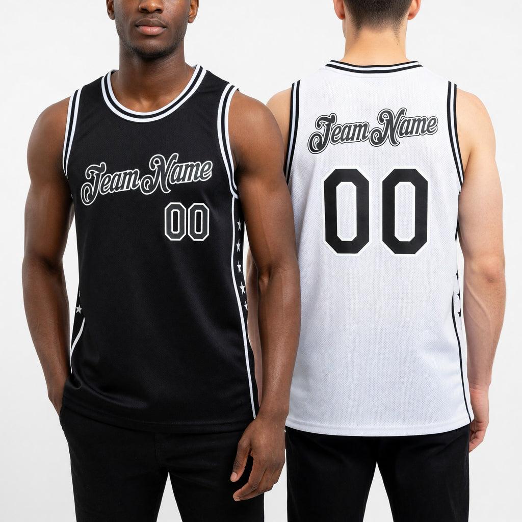 Custom Reversible Black White Double Side Star Sublimation Basketball Set Jersey worn front and back