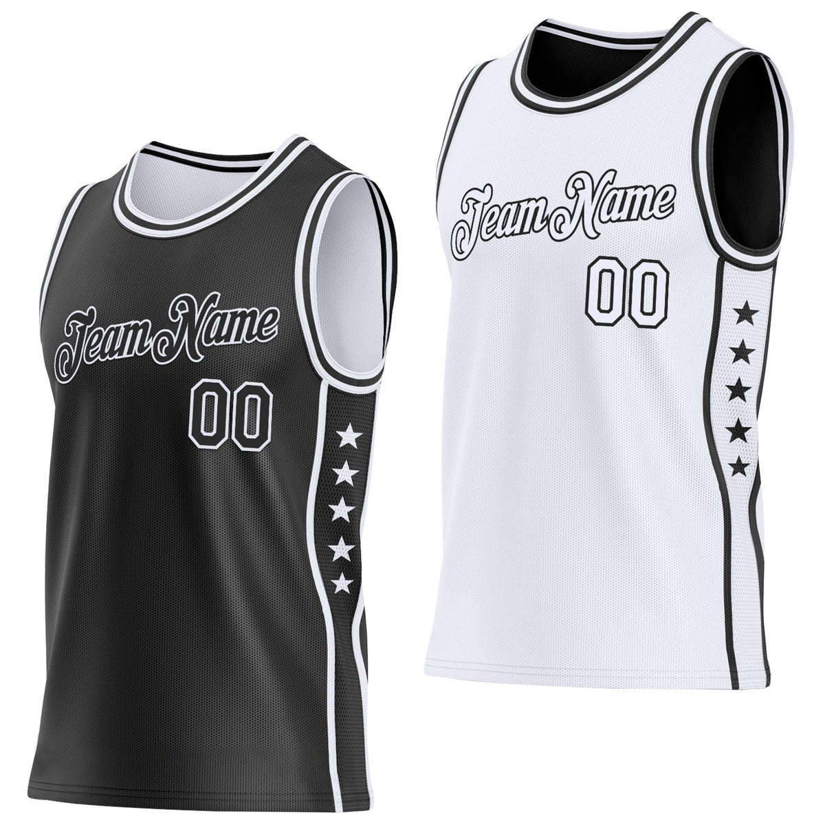 Custom Reversible Black White Double Side Star Sublimation Basketball Set Jersey