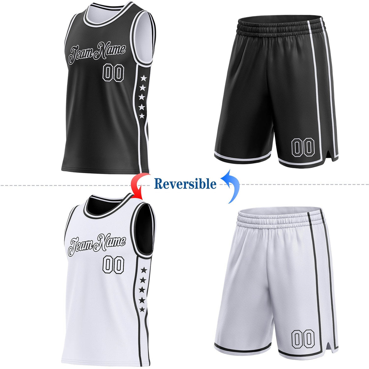 Custom Reversible Black White Double Side Star Sublimation Basketball Set Jersey photo 2