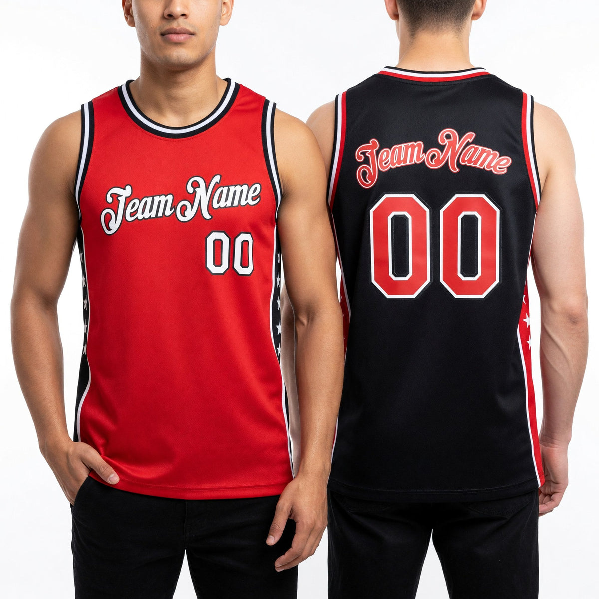 Custom Reversible Black White-Red Double Side Star Sublimation Basketball Set Jersey worn front and back