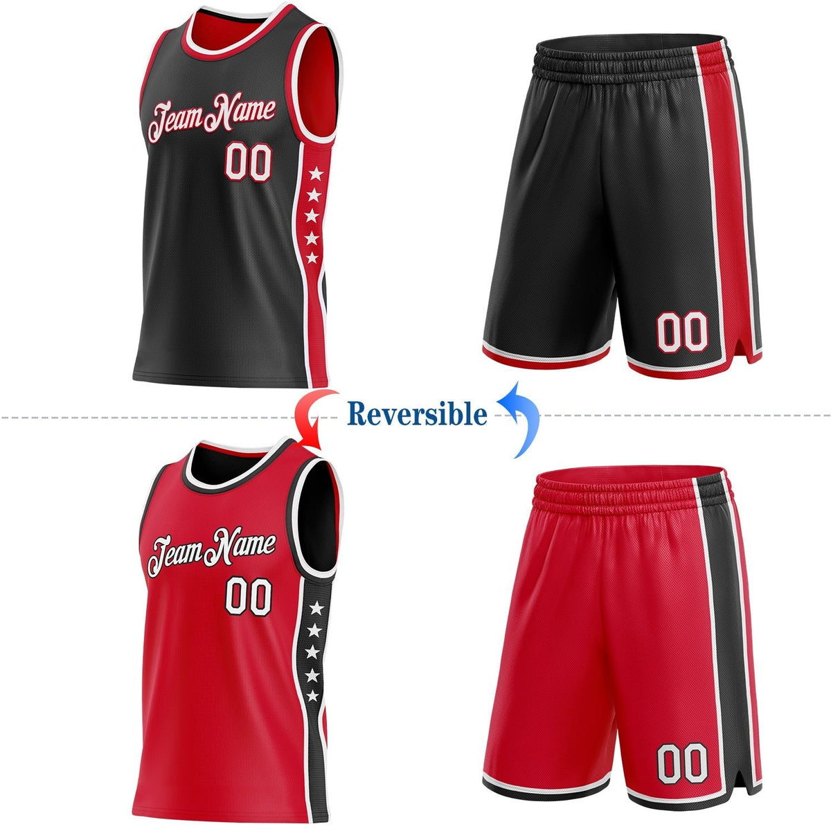 Custom Reversible Black White-Red Double Side Star Sublimation Basketball Set Jersey photo 2