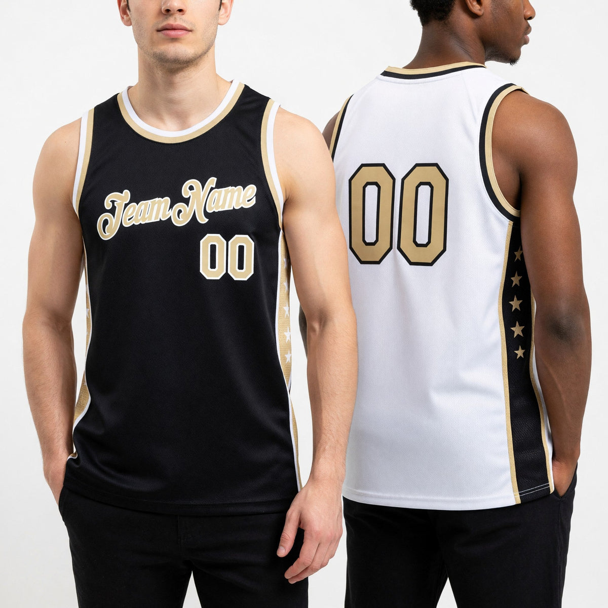 Custom Reversible Black Vegas Gold-White Double Side Star Sublimation Basketball Set Jersey worn front and back