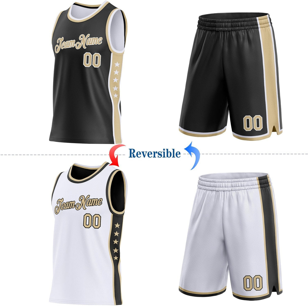 Custom Reversible Black Vegas Gold-White Double Side Star Sublimation Basketball Set Jersey photo 2