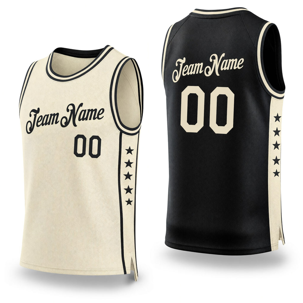 Custom Reversible Black Cream Double Side Star Sublimation Basketball Set Jersey
