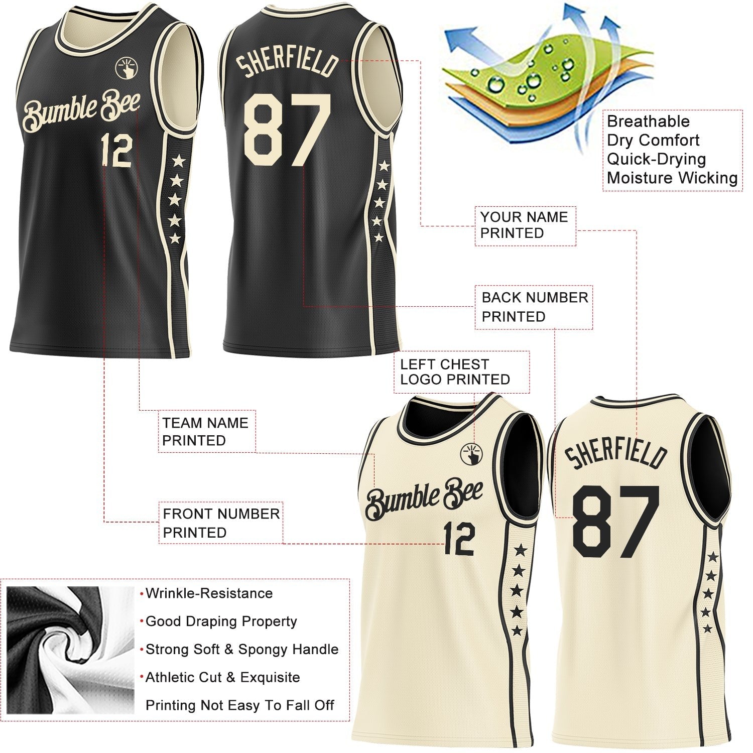 Custom Reversible Black Cream Double Side Star Sublimation Basketball Set Jersey photo 4