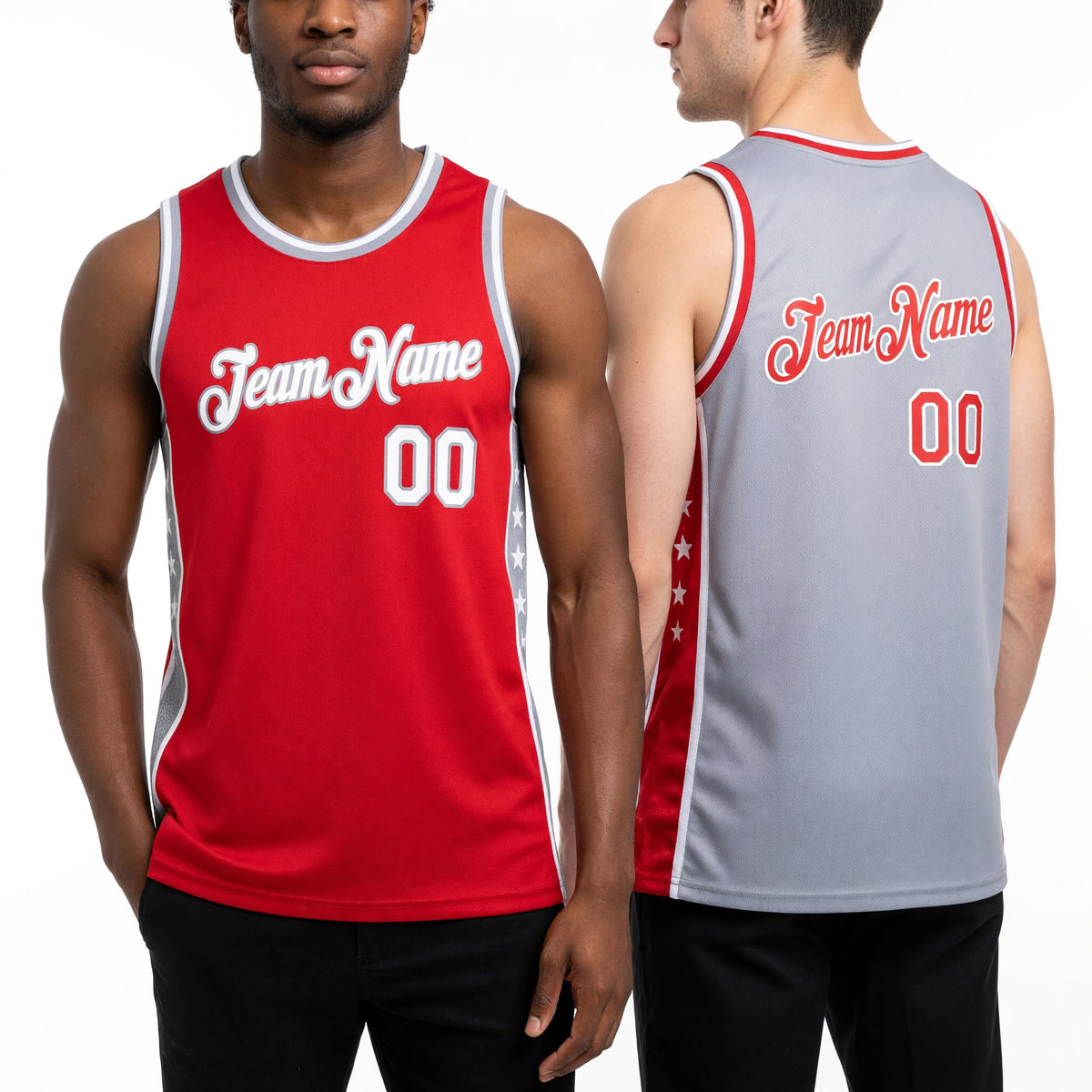 Custom Reversible Red White-Gray Double Side Star Sublimation Basketball Set Jersey worn front and back