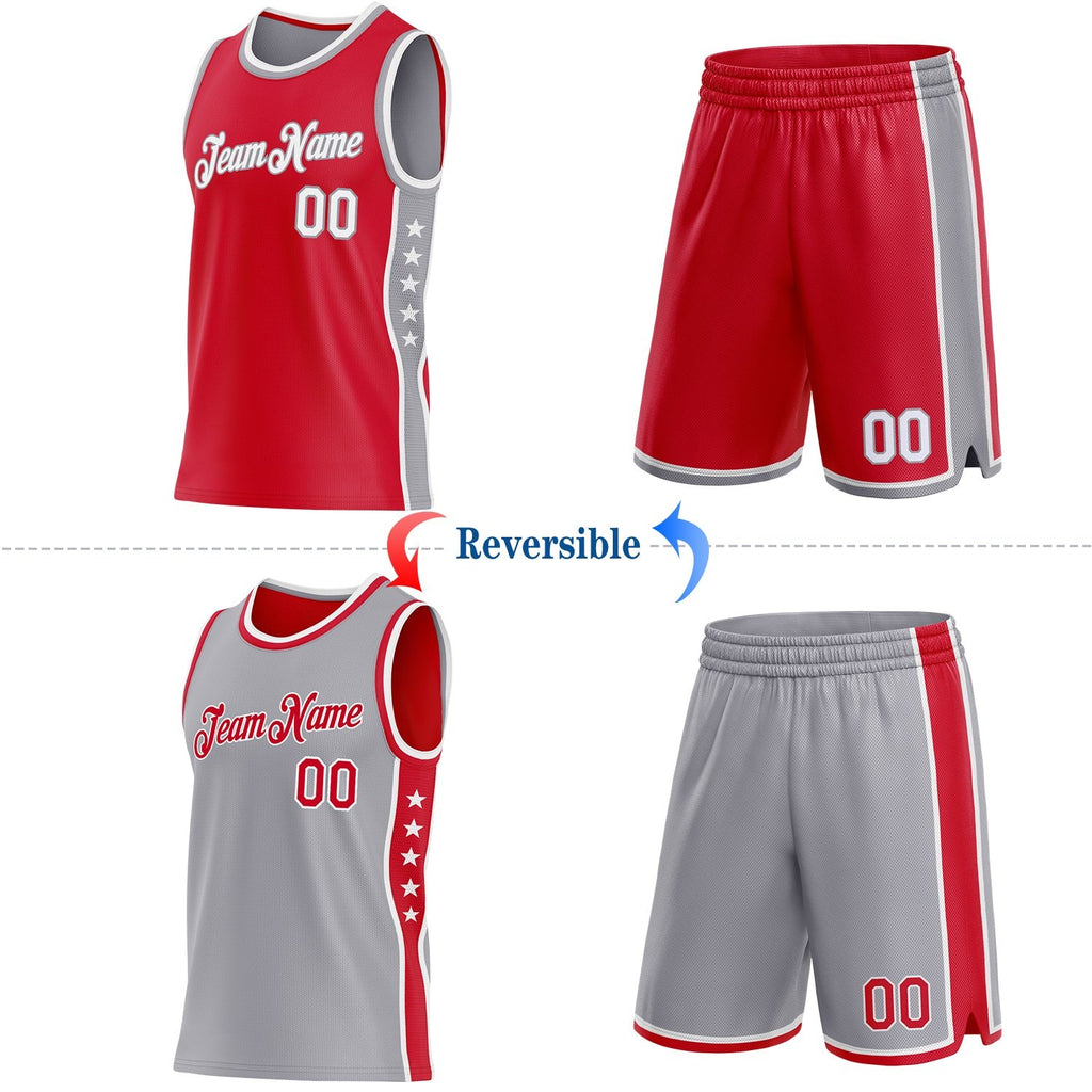 Custom Reversible Red White-Gray Double Side Star Sublimation Basketball Set Jersey photo 2