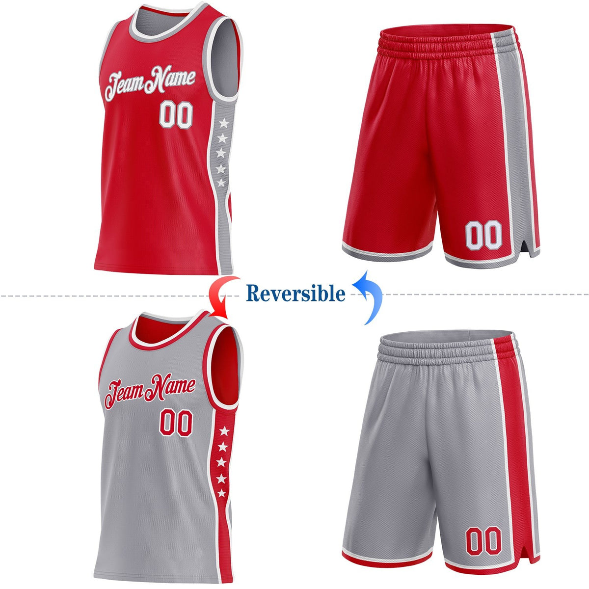 Custom Reversible Red White-Gray Double Side Star Sublimation Basketball Set Jersey photo 2