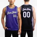 Custom Reversible Purple White-Black Double Side Star Sublimation Basketball Set Jersey worn front and back