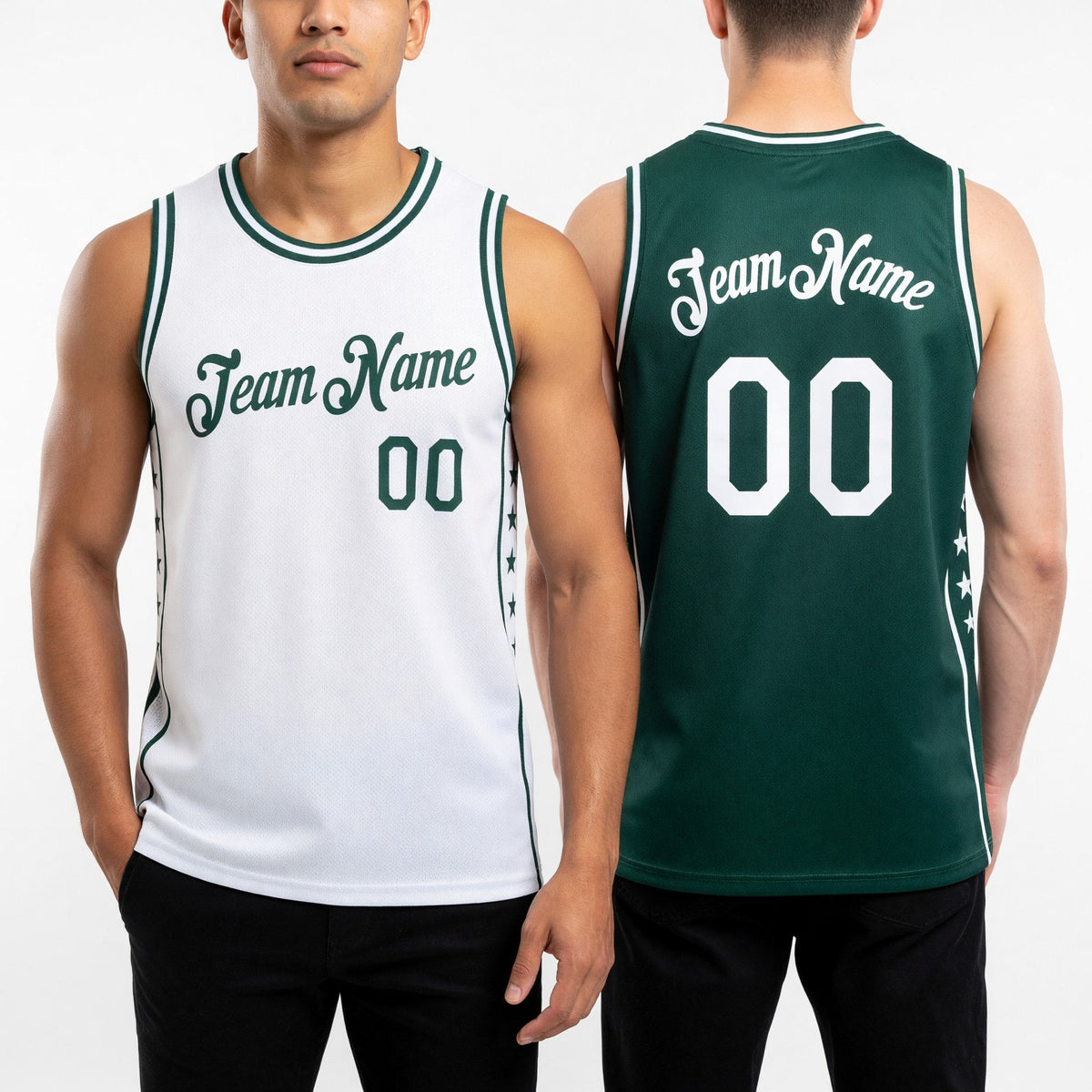 Custom Reversible Green White Double Side Star Sublimation Basketball Set Jersey worn front and back