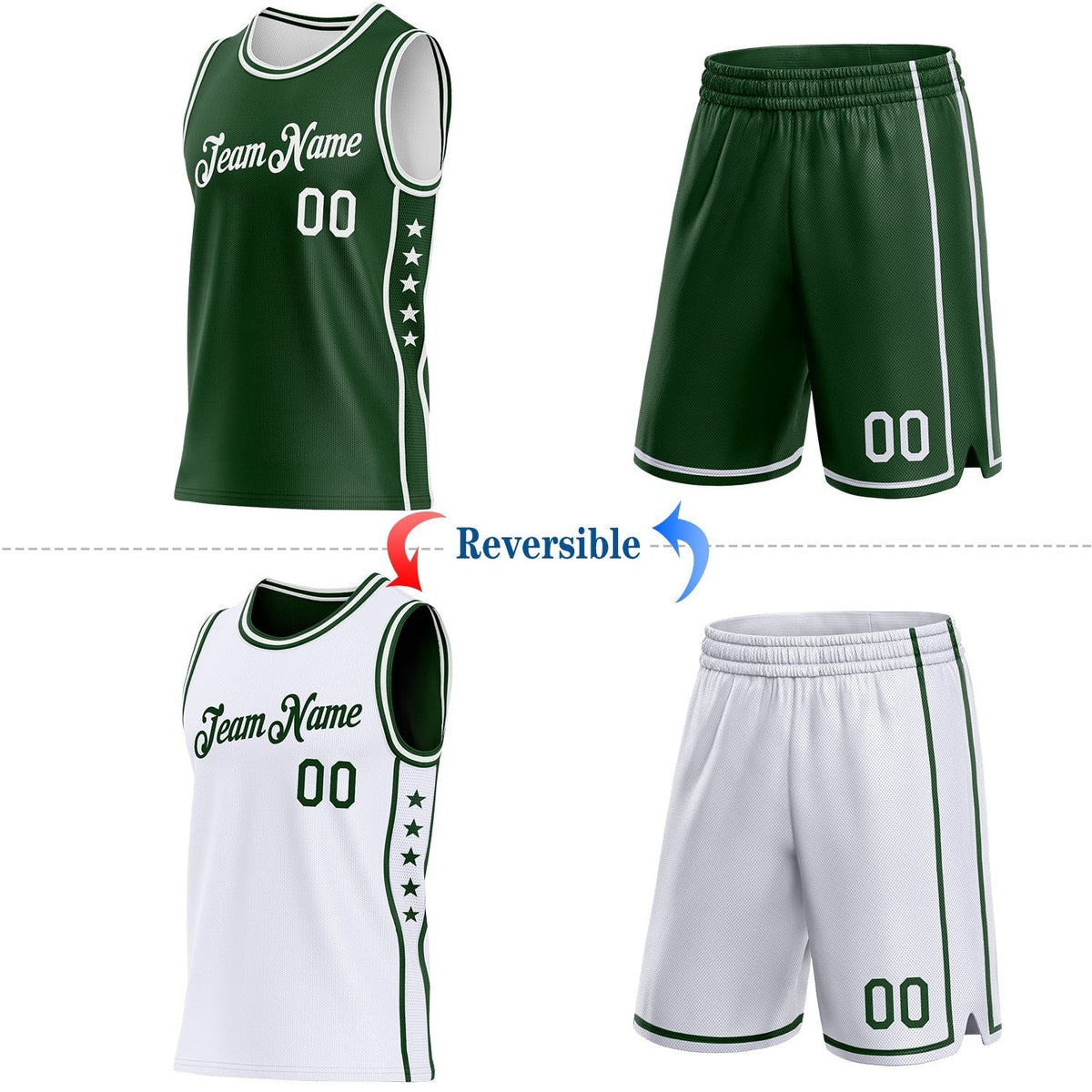 Custom Reversible Green White Double Side Star Sublimation Basketball Set Jersey photo 2
