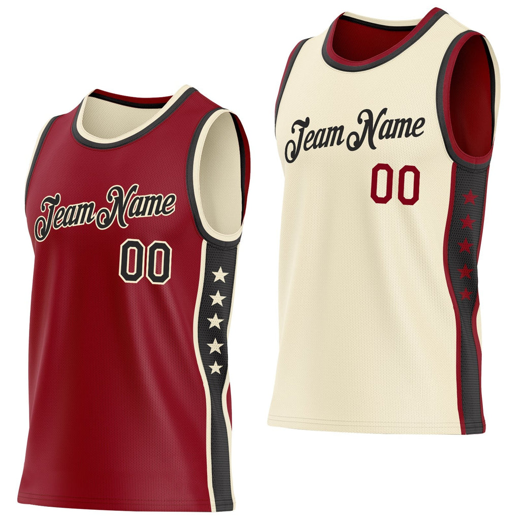 Custom Reversible Crimson Black-Cream Double Side Star Sublimation Basketball Set Jersey