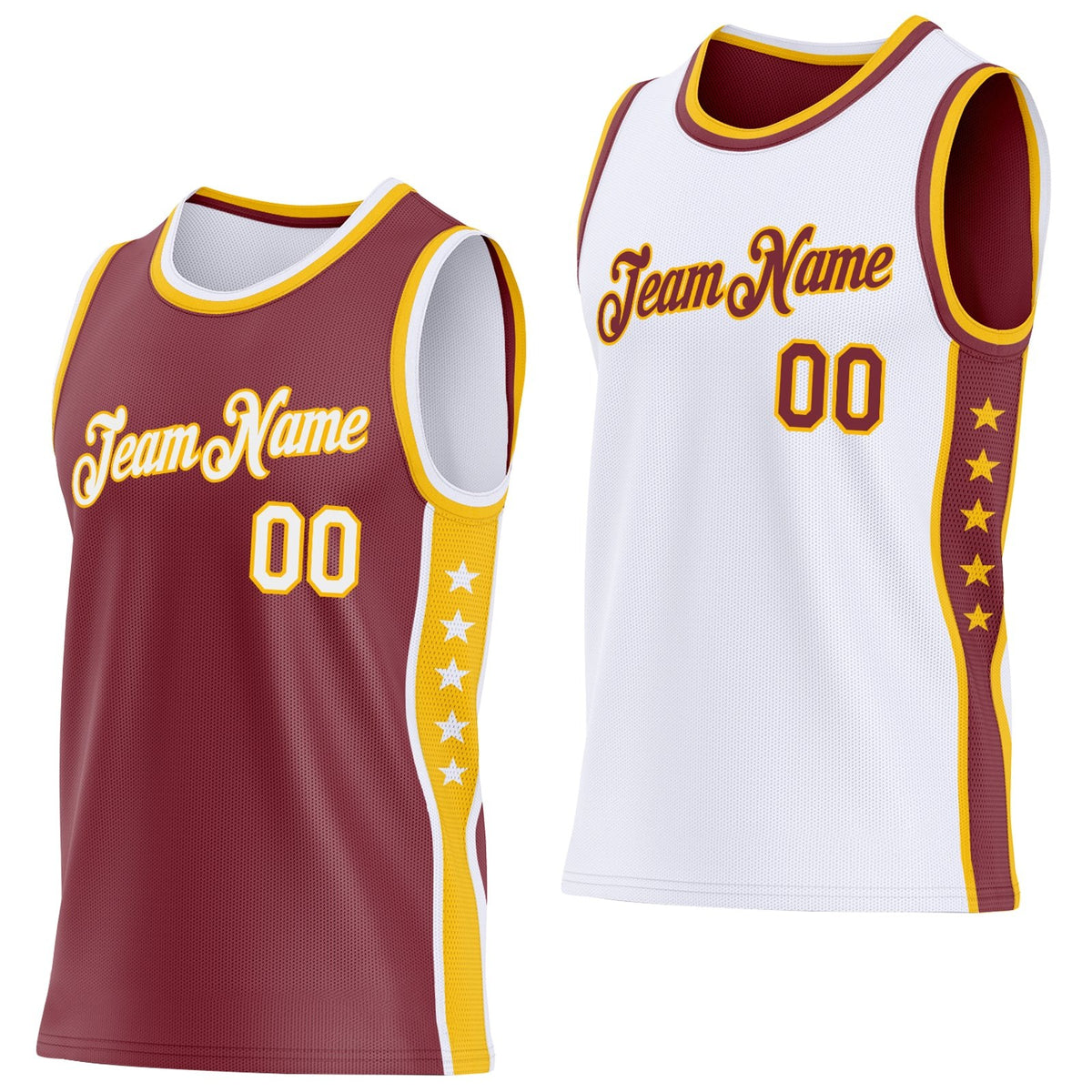 Custom Reversible Burgundy White-Gold Double Side Star Sublimation Basketball Set Jersey