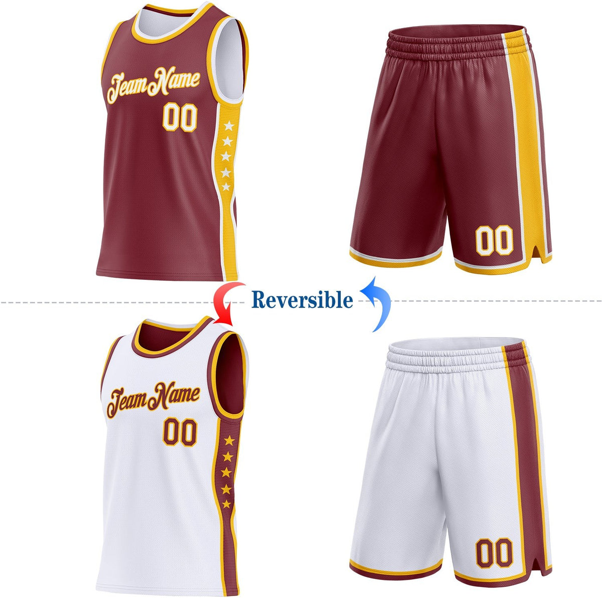 Custom Reversible Burgundy White-Gold Double Side Star Sublimation Basketball Set Jersey photo 2